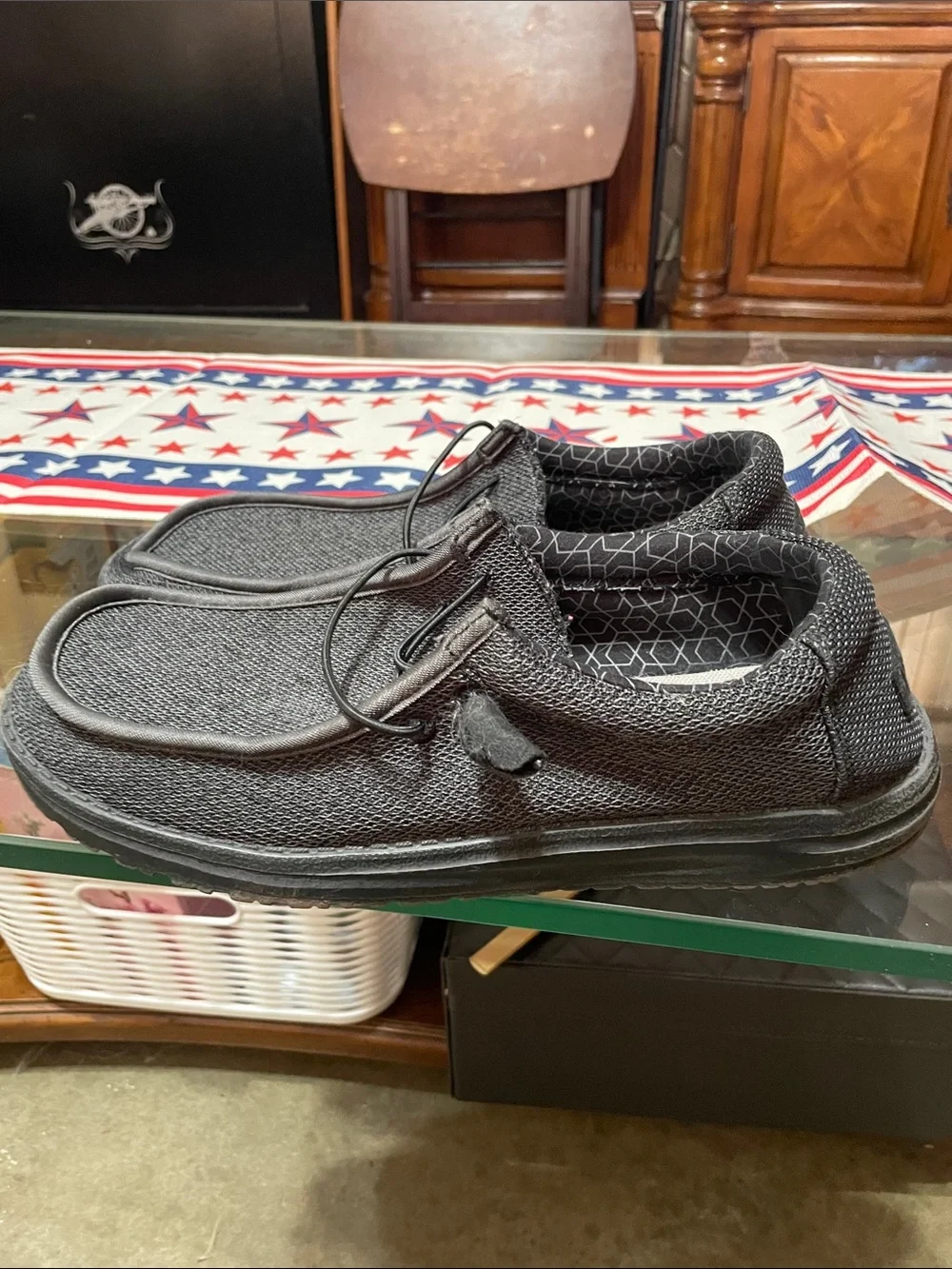 **Fairly worn** Hey Dude Black Knit Slip-On Loafers with Elastic Lacing